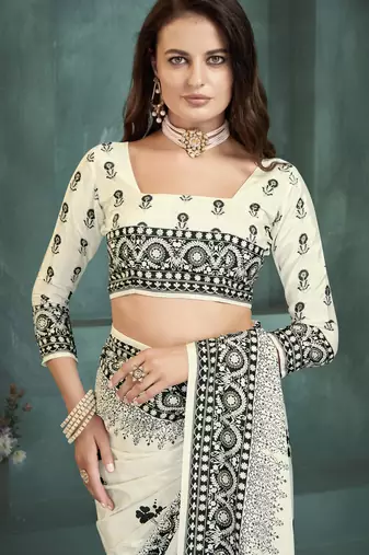 White sophisticated digital foil printed crepe silk blend saree