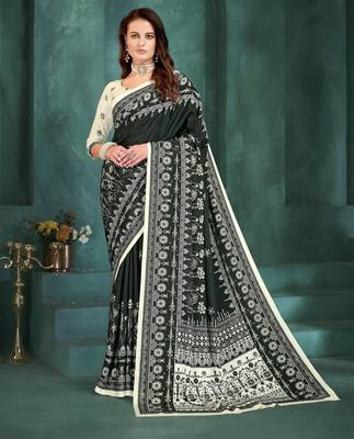 Black sophisticated digital foil printed crepe silk blend saree 1
