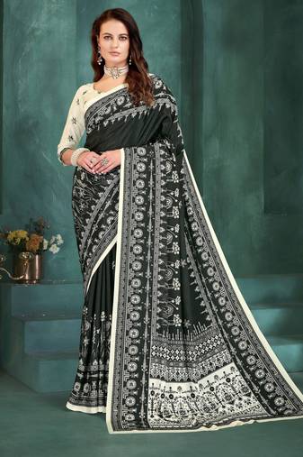 Black color sophisticated digital foil printed crepe silk saree