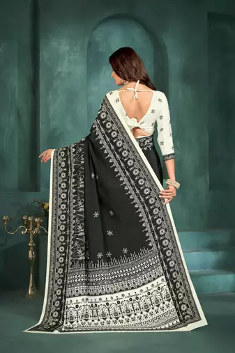 Black sophisticated digital foil printed crepe silk blend saree