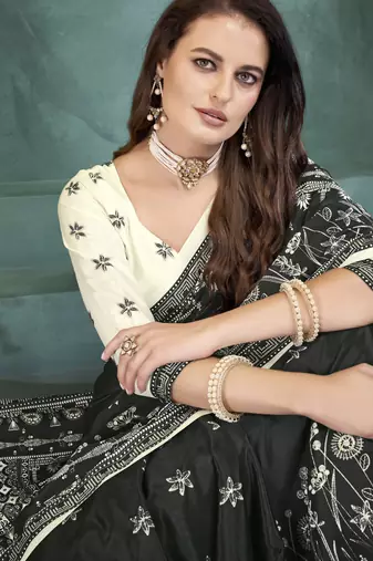 Black sophisticated digital foil printed crepe silk blend saree