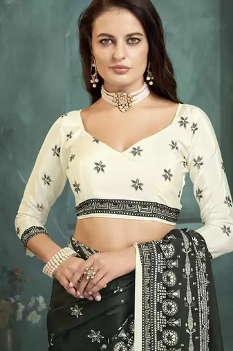 Black sophisticated digital foil printed crepe silk blend saree