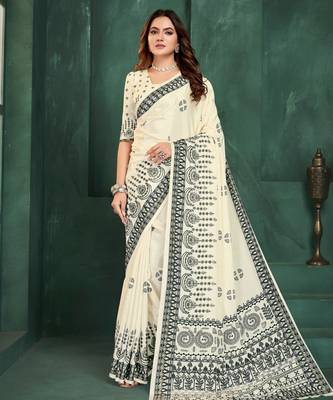 White sophisticated digital foil printed crepe silk blend saree 1