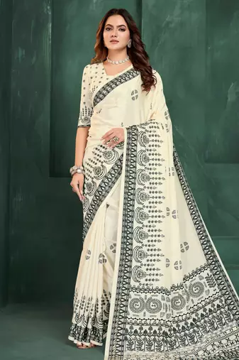 White color sophisticated digital foil printed crepe silk saree
