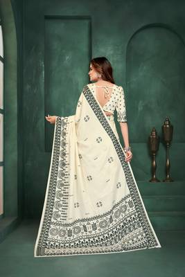White sophisticated digital foil printed crepe silk blend saree 2