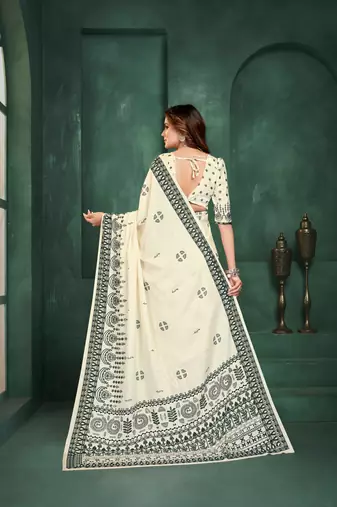 White sophisticated digital foil printed crepe silk blend saree