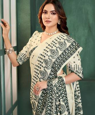 White sophisticated digital foil printed crepe silk blend saree 3