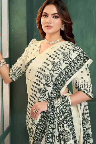 White sophisticated digital foil printed crepe silk blend saree