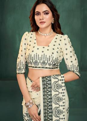 White sophisticated digital foil printed crepe silk blend saree 4