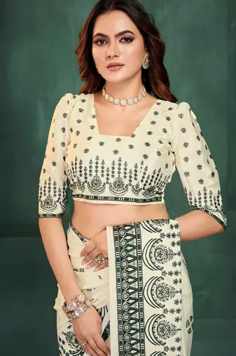 White sophisticated digital foil printed crepe silk blend saree