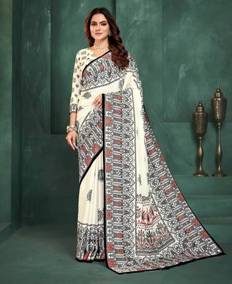 White sophisticated digital foil printed crepe silk blend saree 1