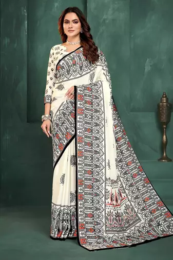 White color sophisticated digital foil printed crepe silk saree