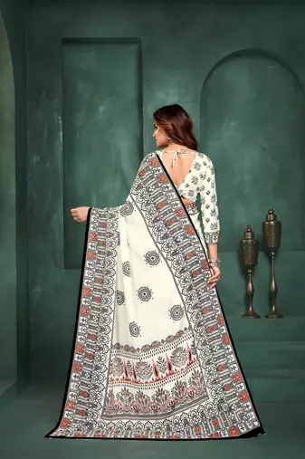 White sophisticated digital foil printed crepe silk blend saree