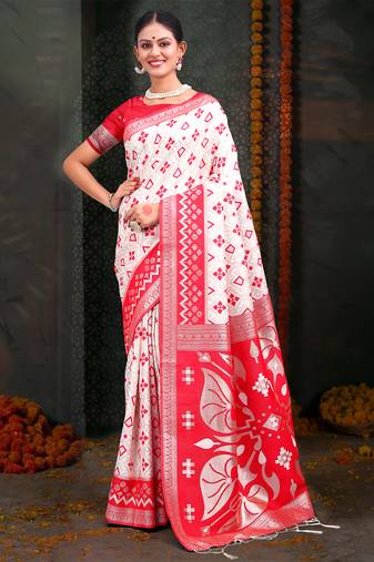White & red linen cotton Woven jacquard saree