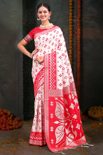 White & red linen cotton Woven jacquard saree