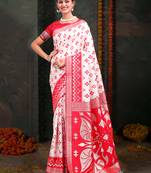 White & red linen cotton Woven jacquard saree