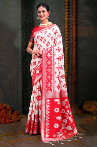 White & red color linen cotton wevon jacquard designer saree