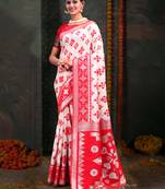 White & red color linen cotton wevon jacquard saree