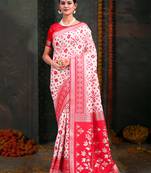 White & red color linen cotton wevon jacquard saree