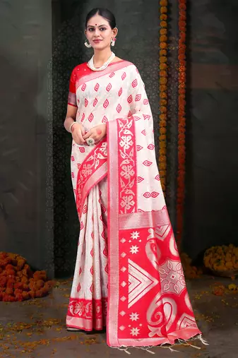 White & red color linen cotton wevon jacquard designer saree