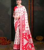White & red color linen cotton wevon jacquard saree