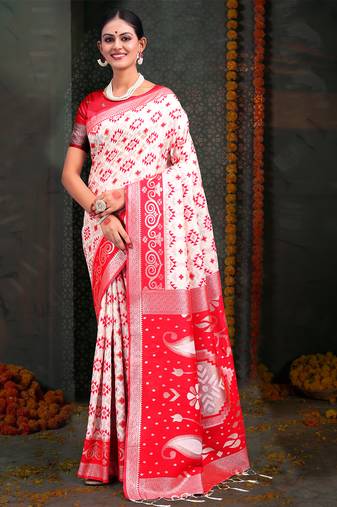 White & red color linen cotton wevon jacquard designer saree
