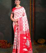 White & red color linen cotton wevon jacquard saree