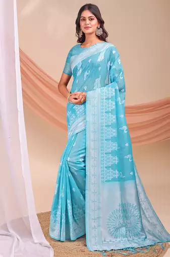 Sky blue color linen cotton fabric wevon jacquard designer beautiful partywear saree