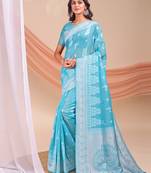 Sky blue color linen cotton fabric wevon jacquard beautiful partywear saree