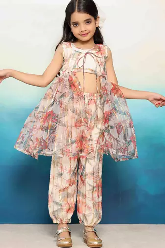  Cream Zari Work & Digital Print Jacket, Top, and Harem Pants for Girls (Set of 3) 