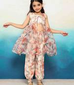  Cream Zari Work & Digital Print Jacket, Top, and Harem Pants for Girls (Set of 3) 