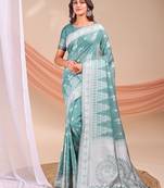 Sea green color linen cotton fabric wevon jacquard beautiful partywear saree