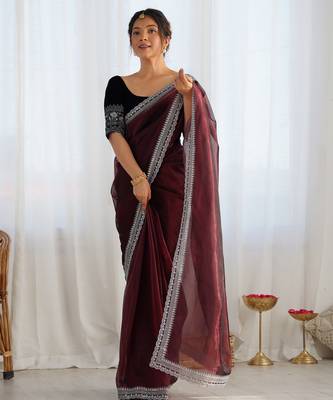 Coffee twill net sequins work saree 1