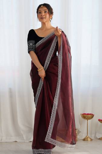 Coffee twill net sequins work saree