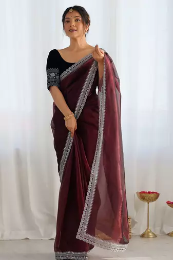 Coffee twill net sequins work saree