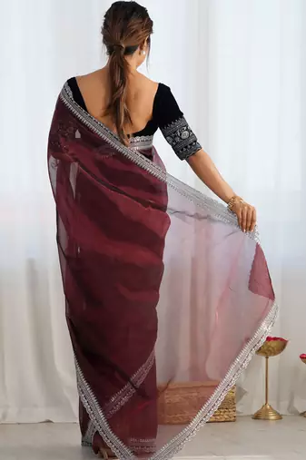 Coffee twill net sequins work saree