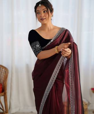 Coffee twill net sequins work saree 3