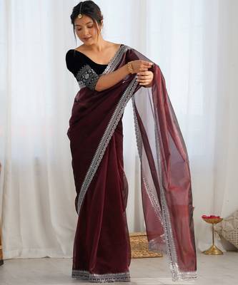 Coffee twill net sequins work saree 4