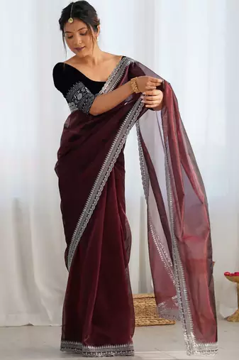 Coffee twill net sequins work saree