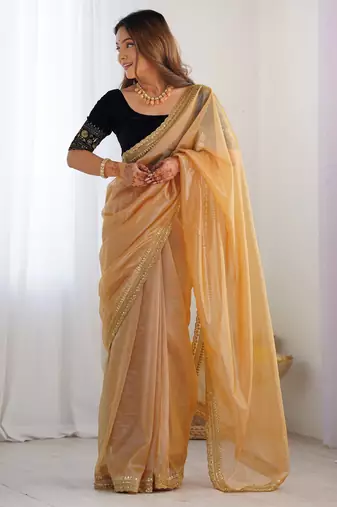 Gold color twill net fabric glamorous bollywood style sequins work saree