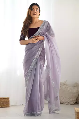 Lavender color twill net fabric glamorous bollywood style sequins work saree
