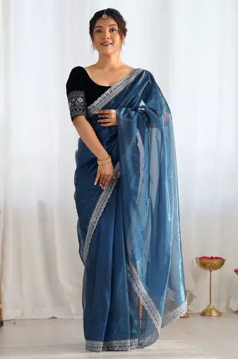 Petrol color twill net fabric glamorous bollywood style sequins work saree