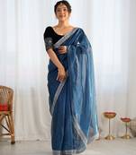 Petrol color twill net fabric glamorous bollywood style sequins work saree