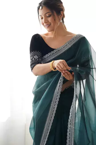 Rama twill net glamorous style sequins work saree
