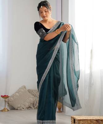 Rama twill net glamorous style sequins work saree 4