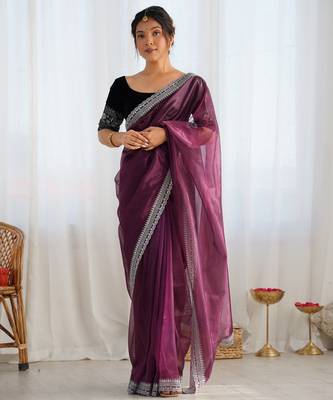 Wine twill net glamorous style sequins work saree 1