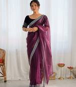 Wine color twill net fabric glamorous bollywood style sequins work saree