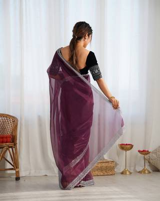 Wine twill net glamorous style sequins work saree 2