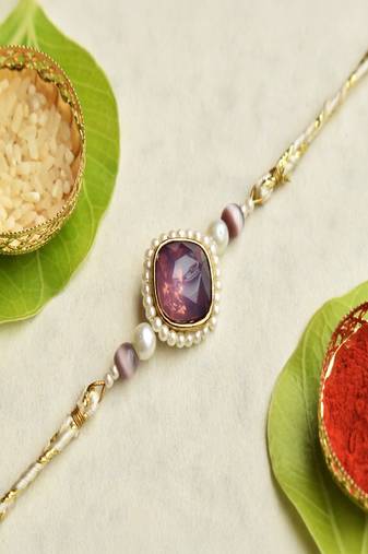 Royal amethyst pearl rakhi with roli chawal capsules
