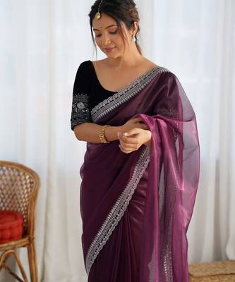 Wine twill net glamorous style sequins work saree 3